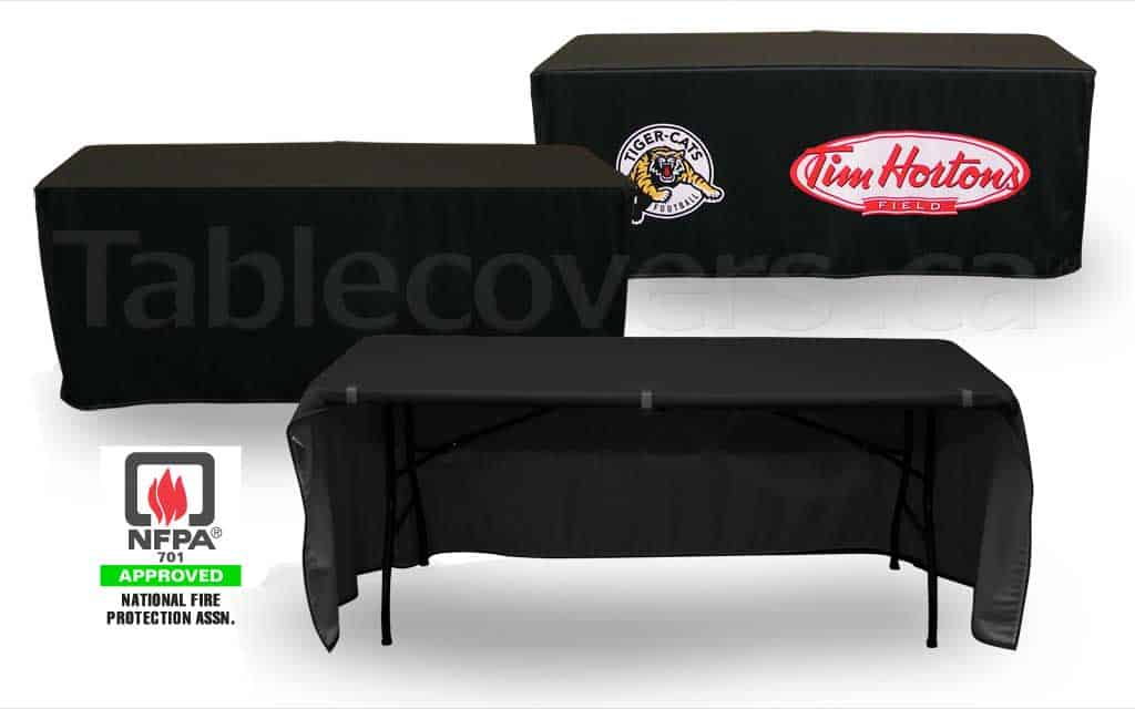 Choices for back of custom table cover: open back, blank closed back, or printed closed back