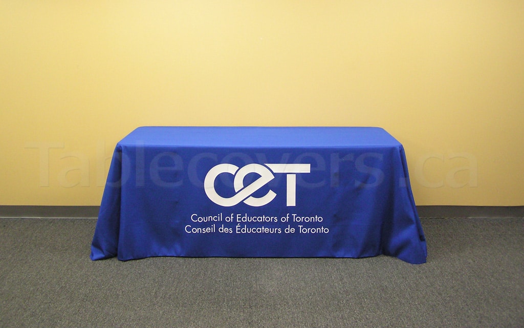 6 ft royal blue table throw with white CET logo